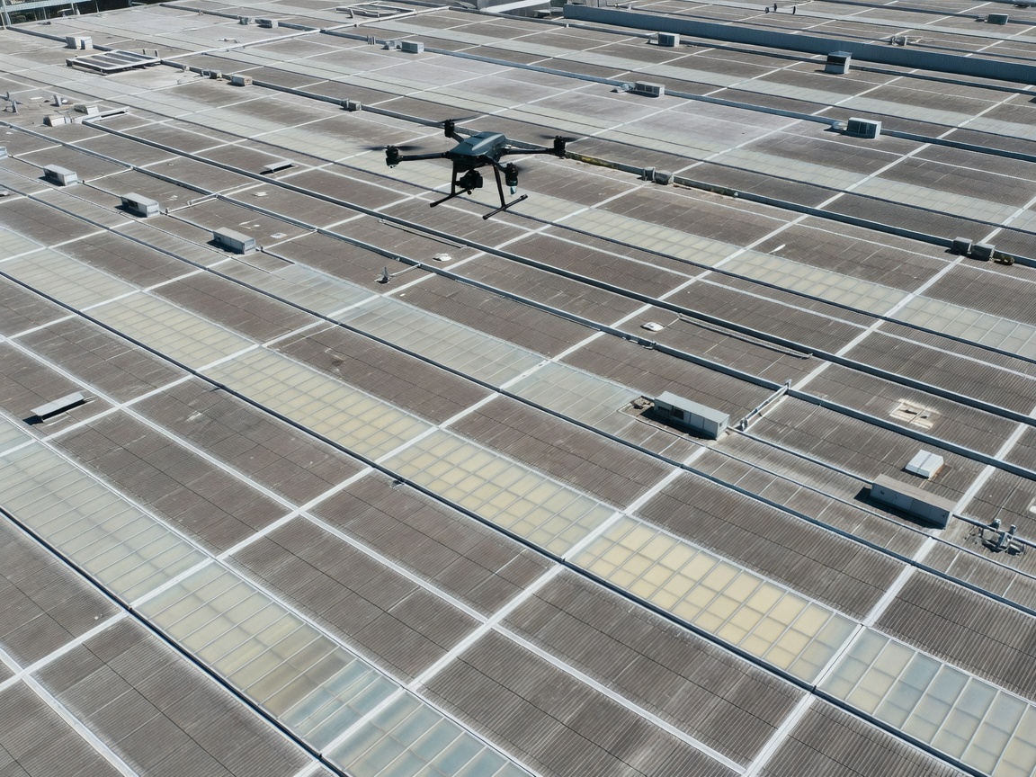 Aerial drone survey conducting a grid pattern inspection above an industrial manufacturing roof