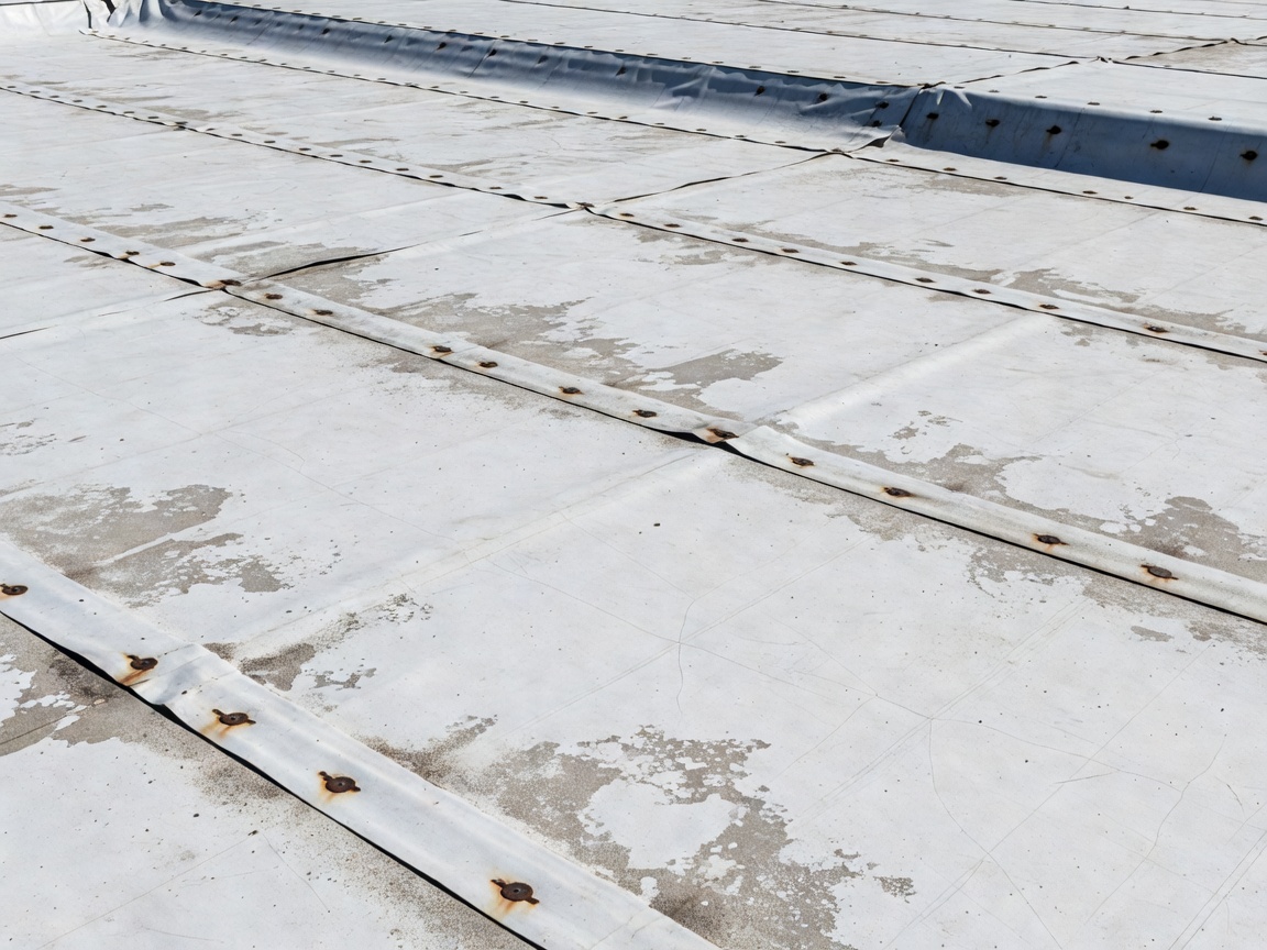 Detailed close-up of industrial roof membrane weathering, laps, and perimeter detailing