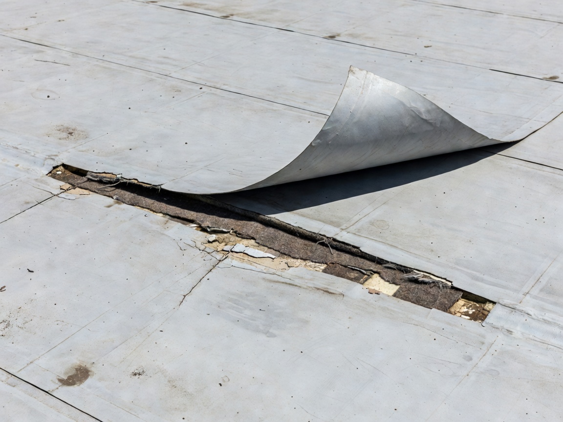 Detailed inspection view of an industrial single-ply roof membrane lap joint failure