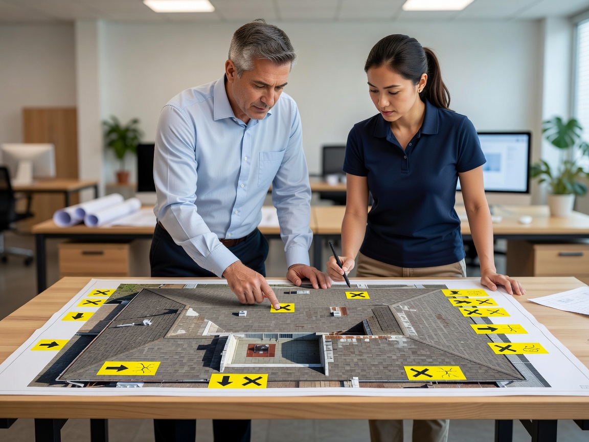 Engineers annotating high-resolution orthomosaic roof drawing with defect callout tags