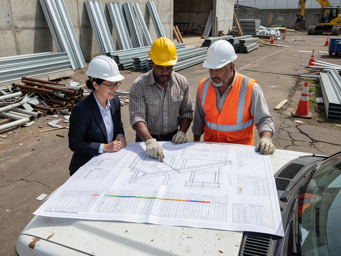 Engineers reviewing scheduled maintenance schedules and gutter rehabilitation works