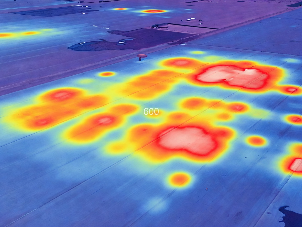 Radiometric infrared thermal camera view identifying wet insulation patches beneath roof membrane