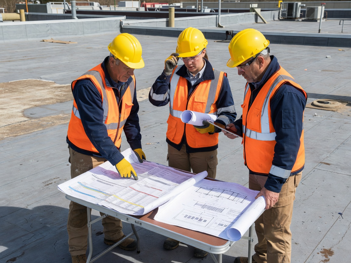 Roofing engineers reviewing preventive maintenance schedule and capex planning documents