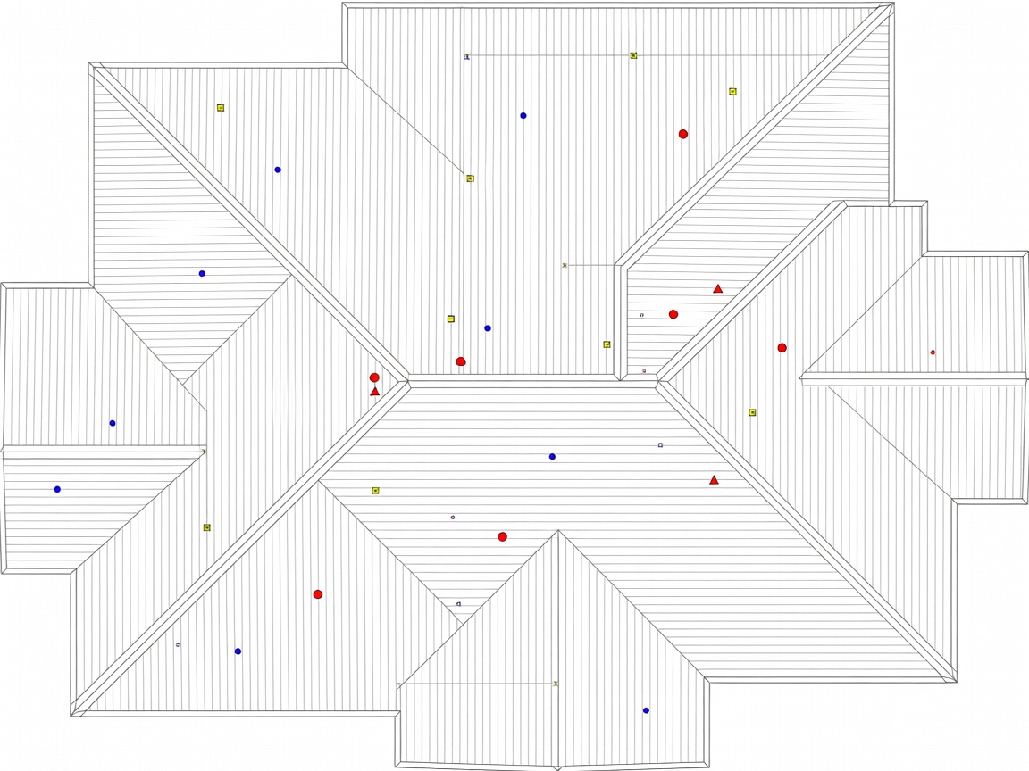 Technical computer-aided defect mapping showing georeferenced anomaly points on a roof plan