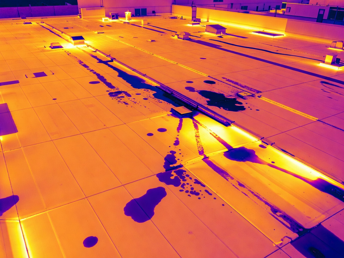 Thermographic infrared representation of heat signatures and moisture retention on an industrial roof deck